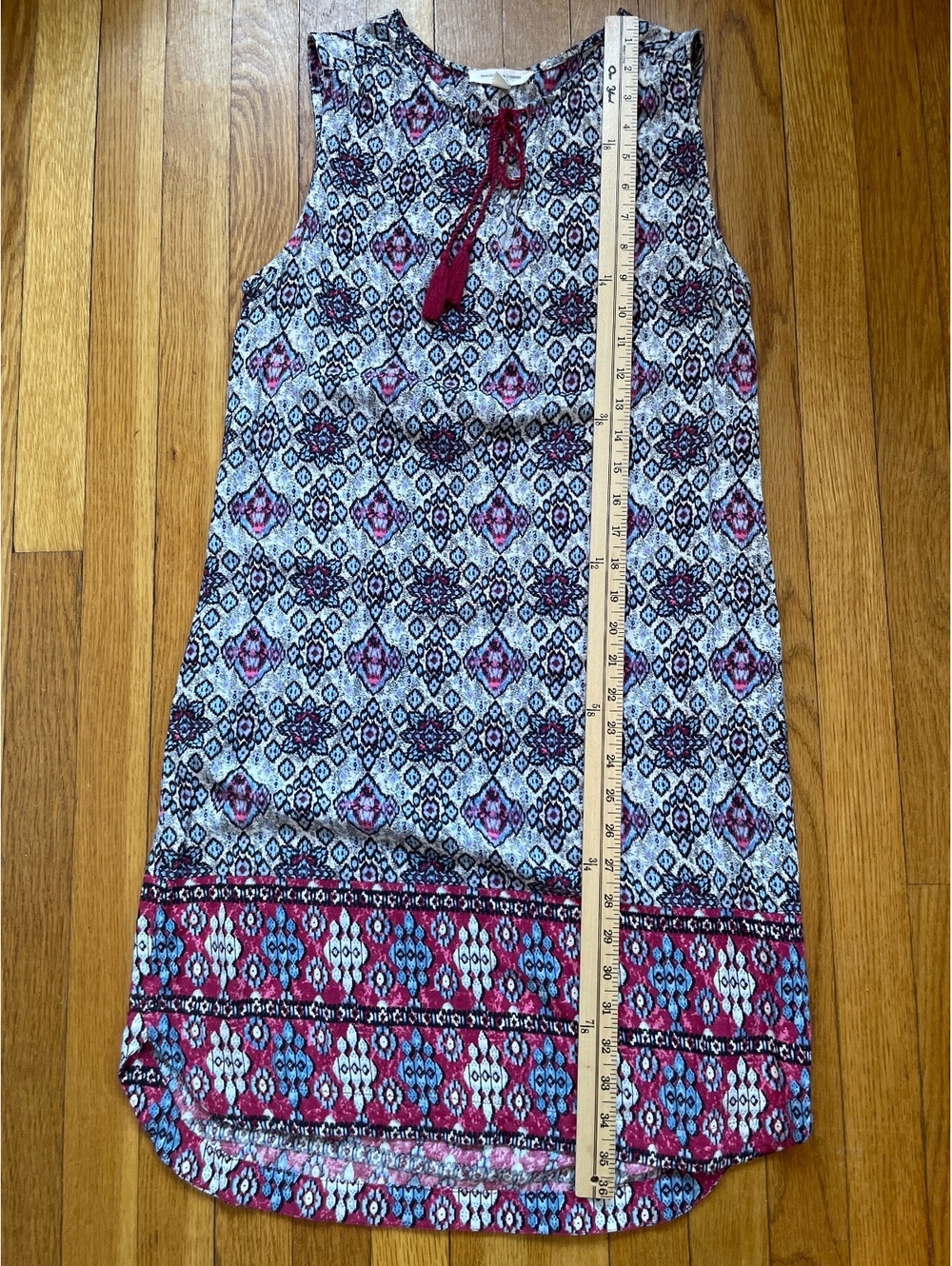 Cream Burgundy Print Shift Dress S Boho Chic Folk Tassel Festivalcore Resortwear - Picture 6 of 8